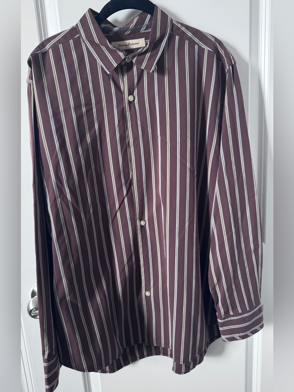 Tommy Bahama Brown and White Vertical Stripe Dress Shirt-Large